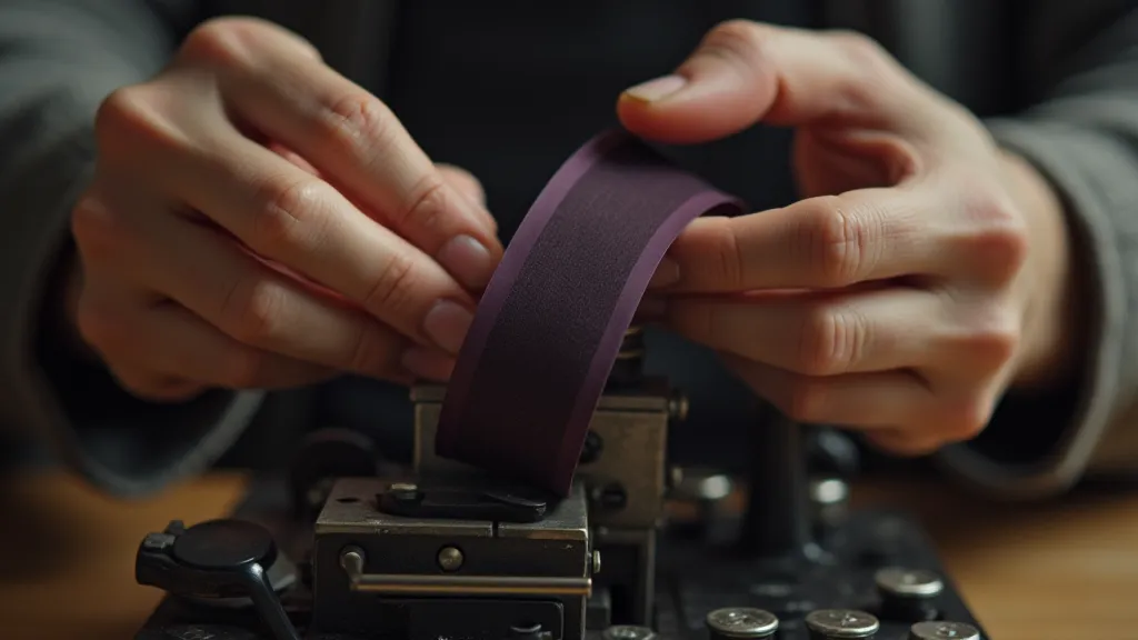 Hands carefully cleaning a purple typewriter ribbon