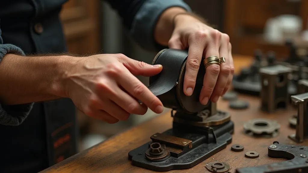 A craftsman rewinding a vintage typewriter ribbon