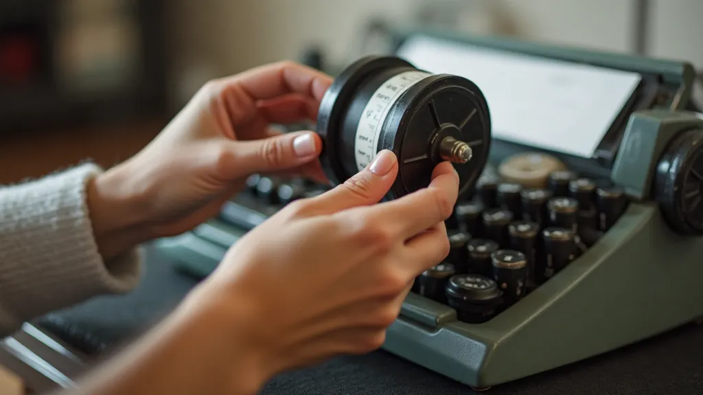 Person re-spooling a vintage typewriter ribbon