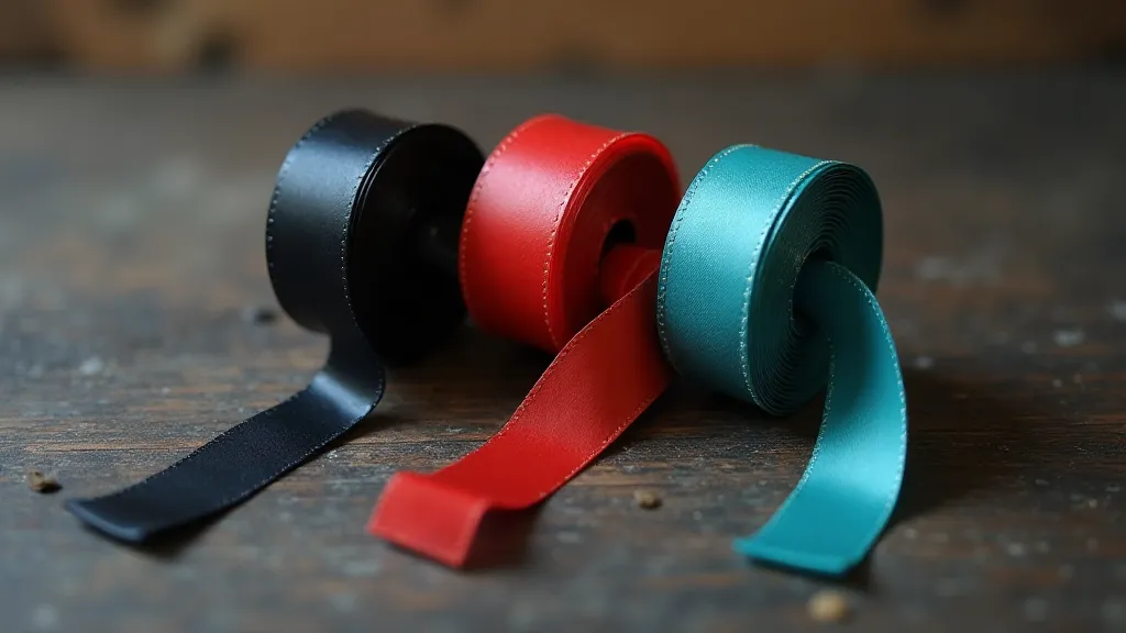 Three vintage typewriter ribbons: black nylon, faded red silk, and turquoise nylon