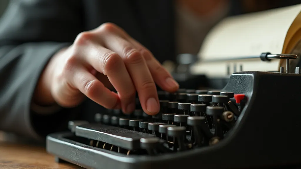 Writer's hand holding a vintage typewriter ribbon